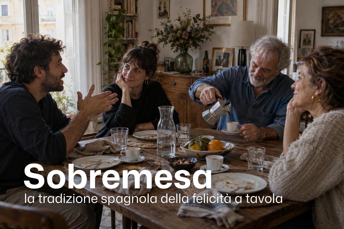 Sobremesa, persone a tavola conversano alla fine di un pranzo